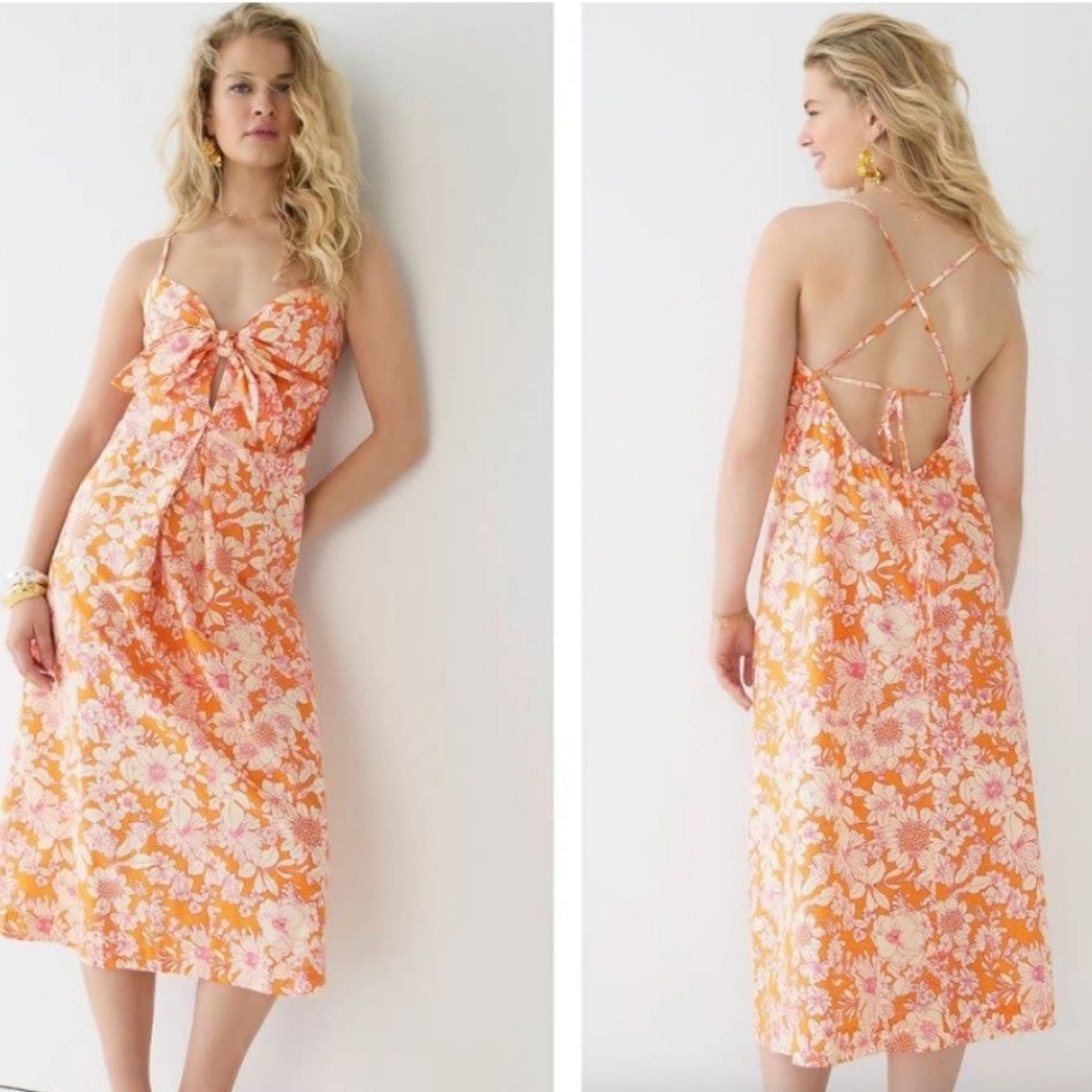 J. Crew Tie Front Cotton Poplin Midi Dress Orange Floral NWT